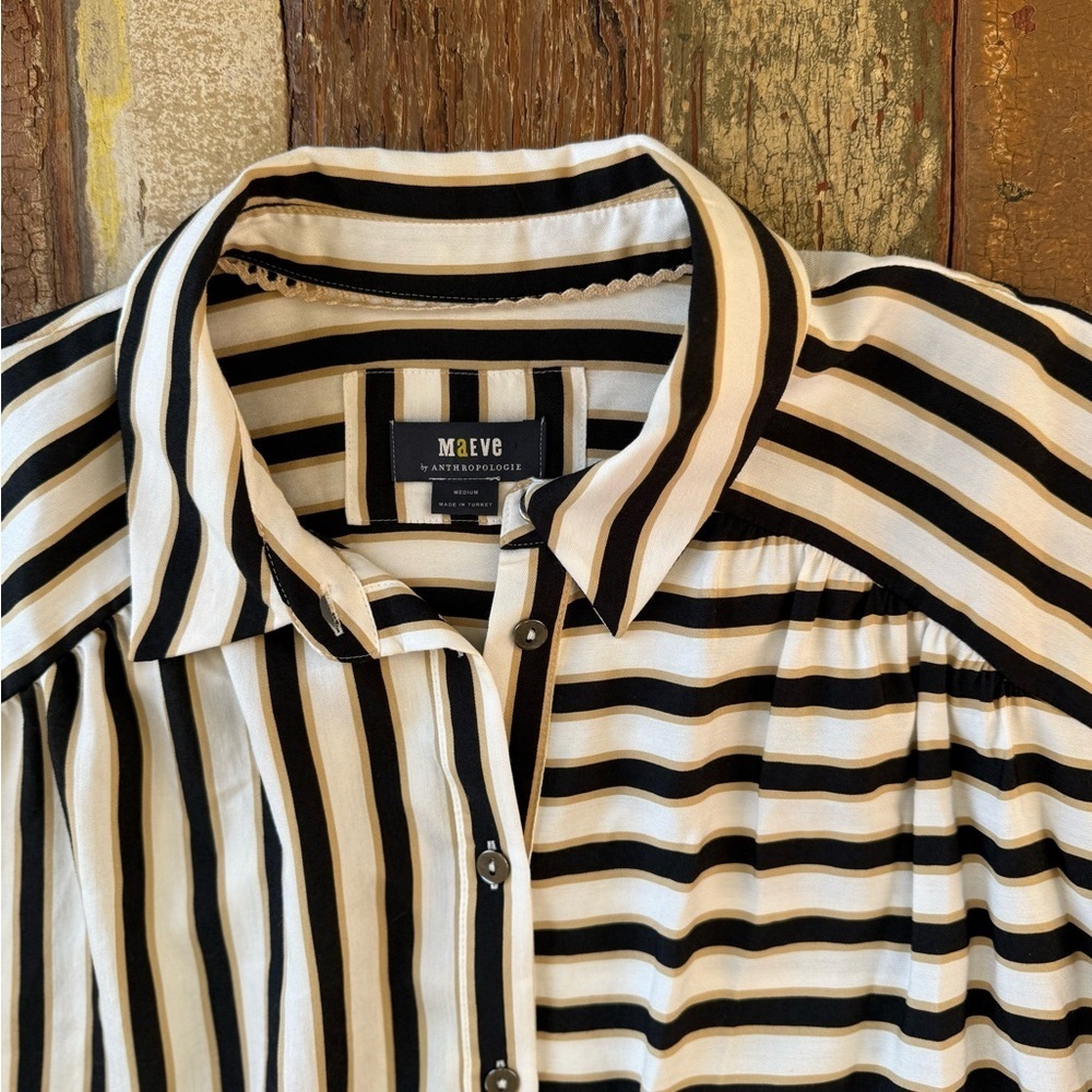 Anthropologie Maeve Silky Striped Black Cream Striped Button Down Shirt | M - Picture 6 of 8